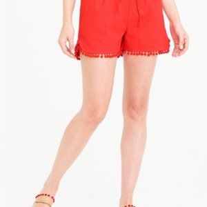 Red Linen Shors with PomPom Detail Trim at Edge